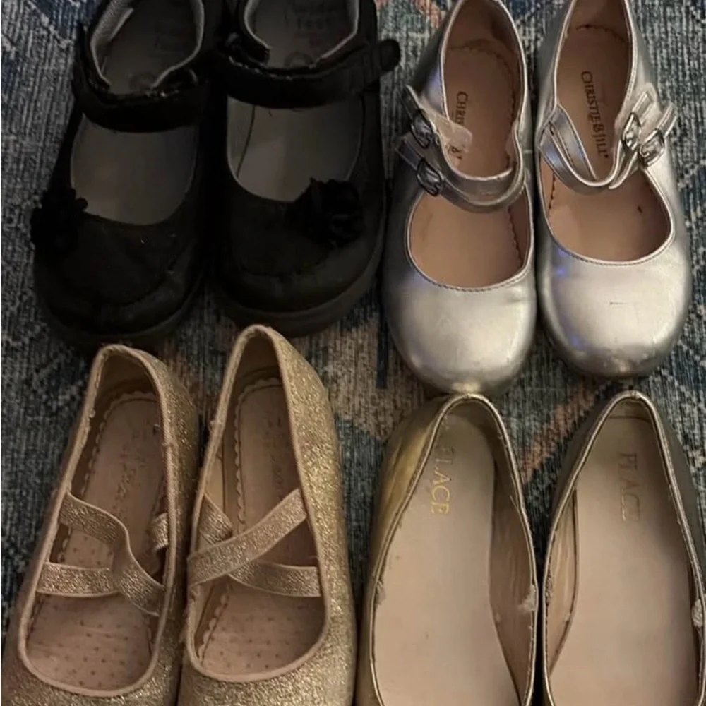 Kids dress shoes Girls size 11 - 4 pairs Black, Silver, 2 Gold.